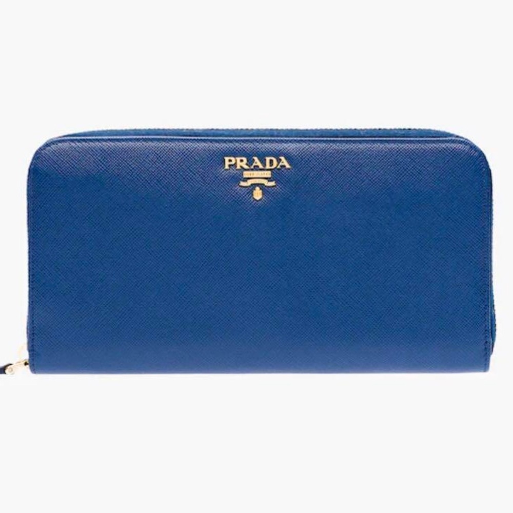 Prada Blue Saffiano Leather Large Organizer Zippy Wallet